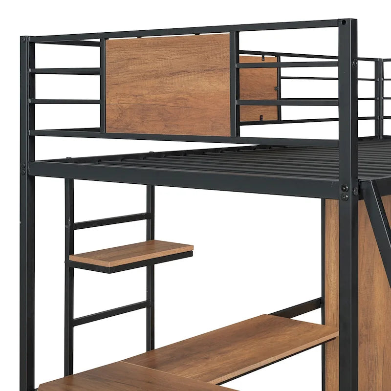 Lit mezzanine double noir et blanc avec bureau en L, armoire et échelle – Simple