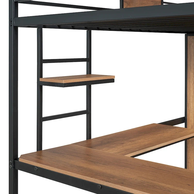 Lit mezzanine double noir et blanc avec bureau en L, armoire et échelle – Simple