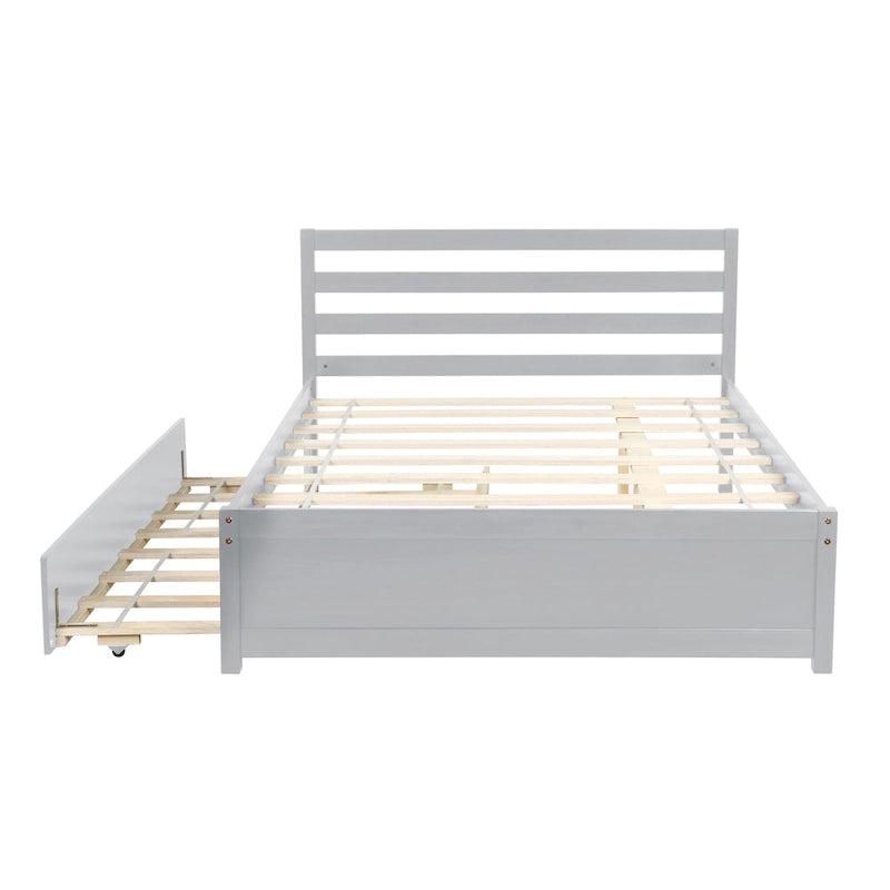 Lit plateforme gris pleine grandeur avec tête de lit et lit gigogne double, 2 couchages