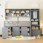 Lit mezzanine gris pleine grandeur avec armoire, bureau et escalier de rangement, assemblage à 2 personnes