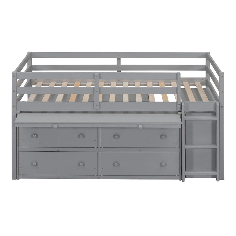 Lit mezzanine jumeau gris avec bureau rétractable, 4 tiroirs et étagères, pour 1 personne