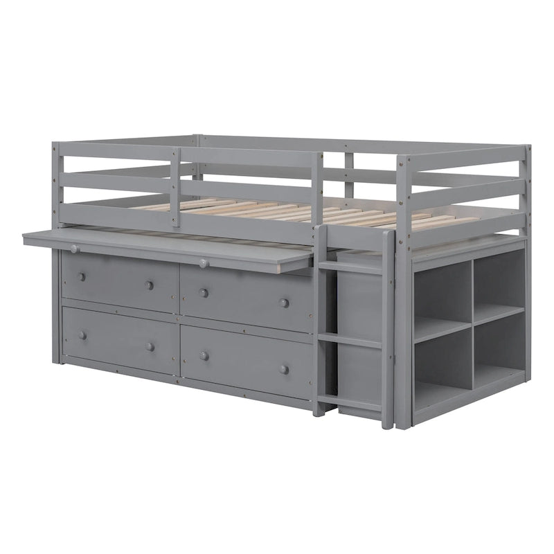 Lit mezzanine jumeau gris avec bureau rétractable, 4 tiroirs et étagères, pour 1 personne