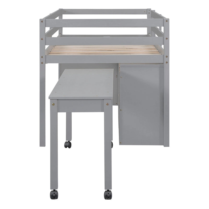 Lit mezzanine jumeau gris avec bureau rétractable, 4 tiroirs et étagères, pour 1 personne