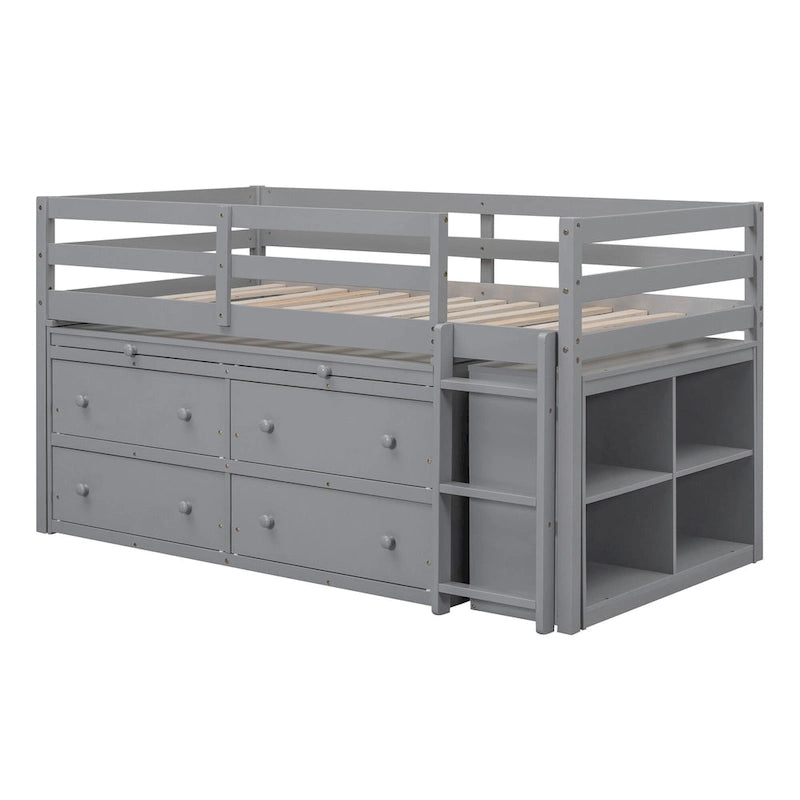 Lit mezzanine jumeau gris avec bureau rétractable, 4 tiroirs et étagères, pour 1 personne