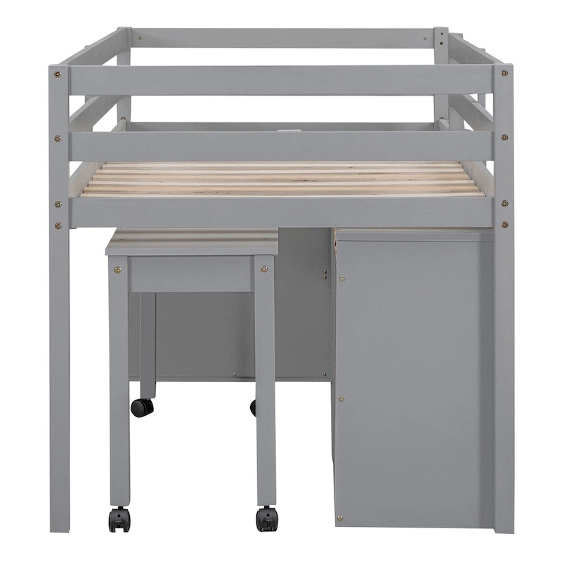 Lit mezzanine jumeau gris avec bureau rétractable, 4 tiroirs et étagères, pour 1 personne