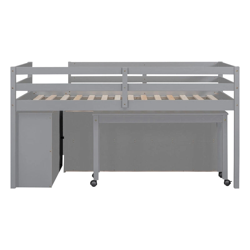Lit mezzanine jumeau gris avec bureau rétractable, 4 tiroirs et étagères, pour 1 personne