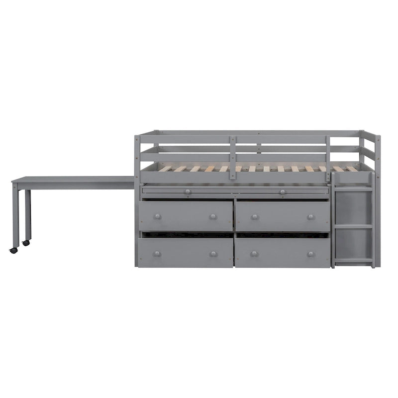 Lit mezzanine jumeau gris avec bureau rétractable, 4 tiroirs et étagères, pour 1 personne