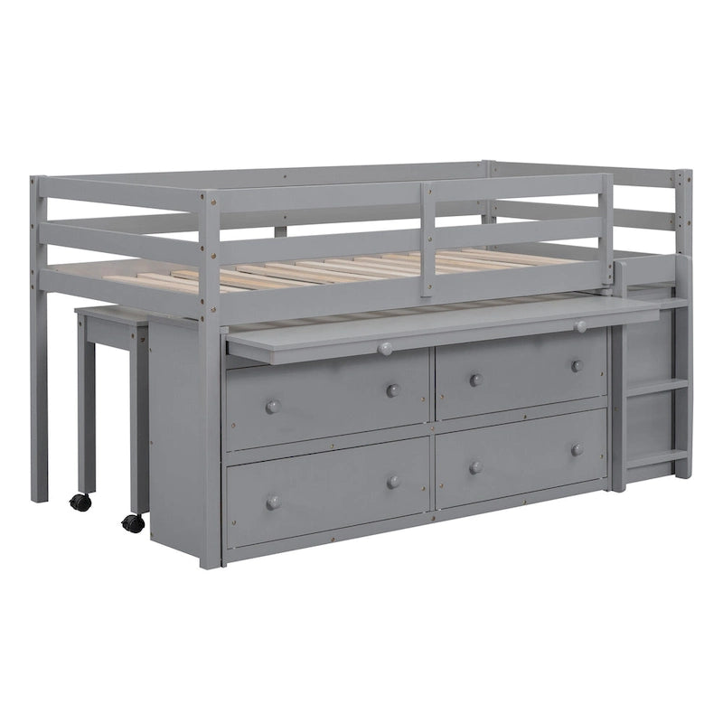 Lit mezzanine jumeau gris avec bureau rétractable, 4 tiroirs et étagères, pour 1 personne
