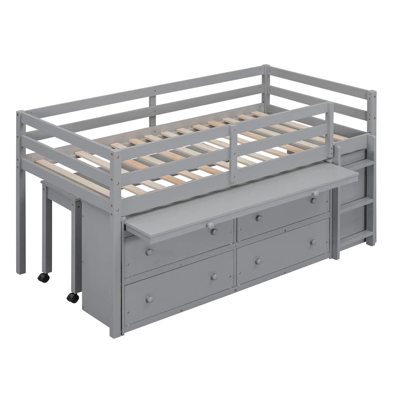 Lit mezzanine jumeau gris avec bureau rétractable, 4 tiroirs et étagères, pour 1 personne