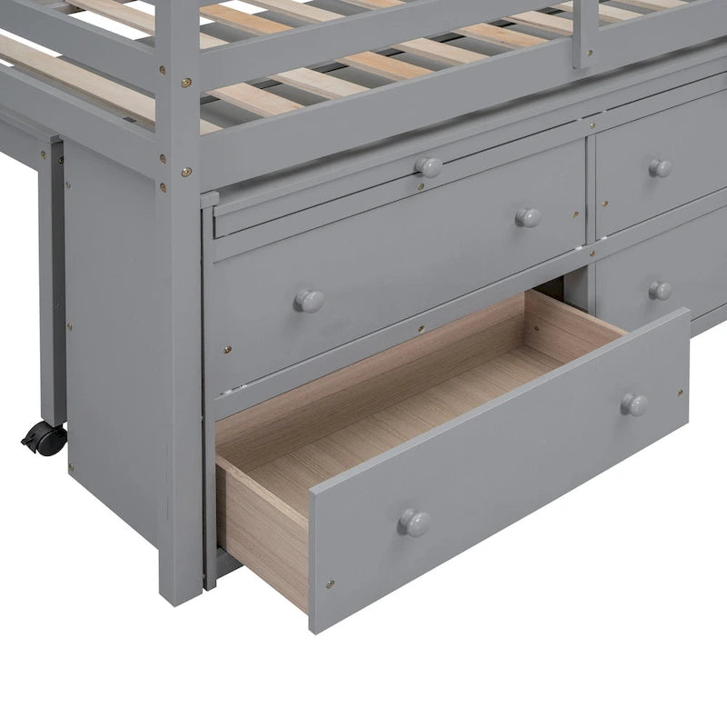 Lit mezzanine jumeau gris avec bureau rétractable, 4 tiroirs et étagères, pour 1 personne