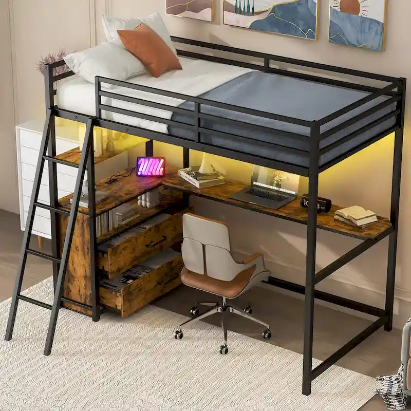 Lit mezzanine jumeau noir avec bureau, tiroirs et lumière LED, 1 personne