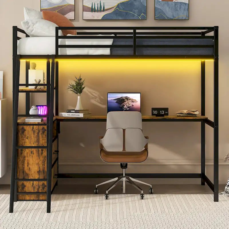 Lit mezzanine jumeau noir avec bureau, tiroirs et lumière LED, 1 personne