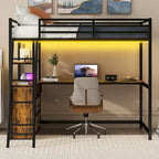 Lit mezzanine jumeau noir avec bureau, tiroirs et lumière LED, 1 personne