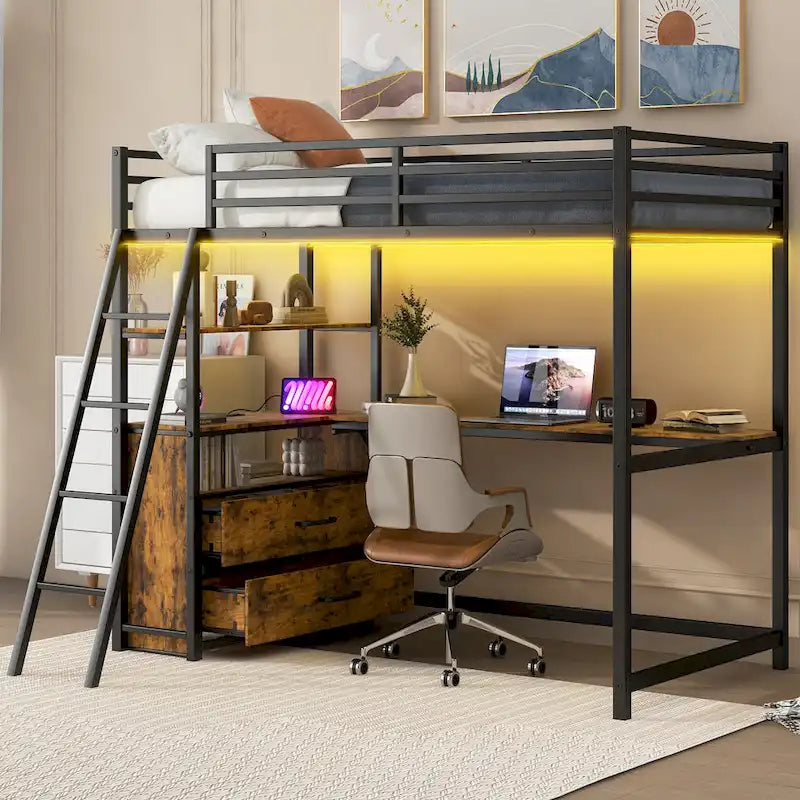 Lit mezzanine jumeau noir avec bureau, tiroirs et lumière LED, 1 personne