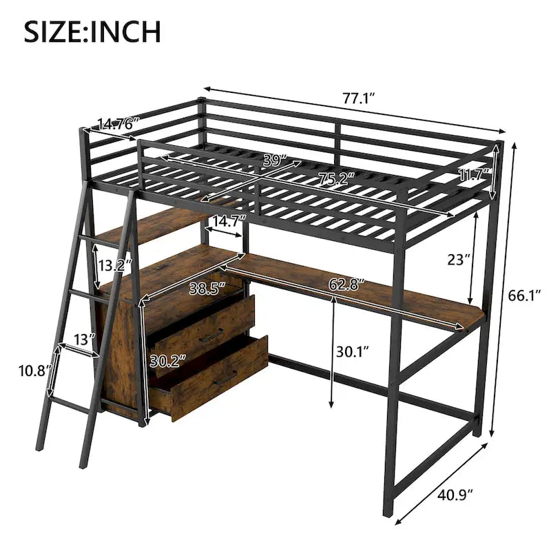 Lit mezzanine jumeau noir avec bureau, tiroirs et lumière LED, 1 personne