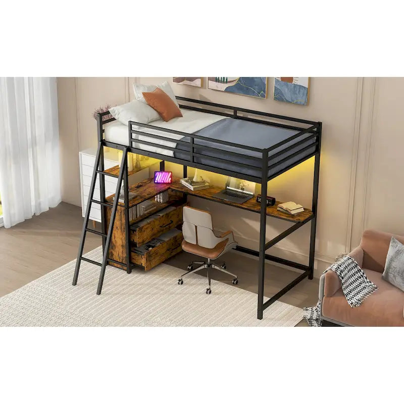 Lit mezzanine jumeau noir avec bureau, tiroirs et lumière LED, 1 personne