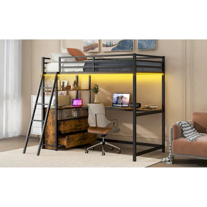 Lit mezzanine jumeau noir avec bureau, tiroirs et lumière LED, 1 personne