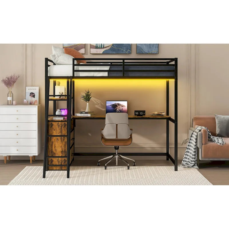 Lit mezzanine jumeau noir avec bureau, tiroirs et lumière LED, 1 personne