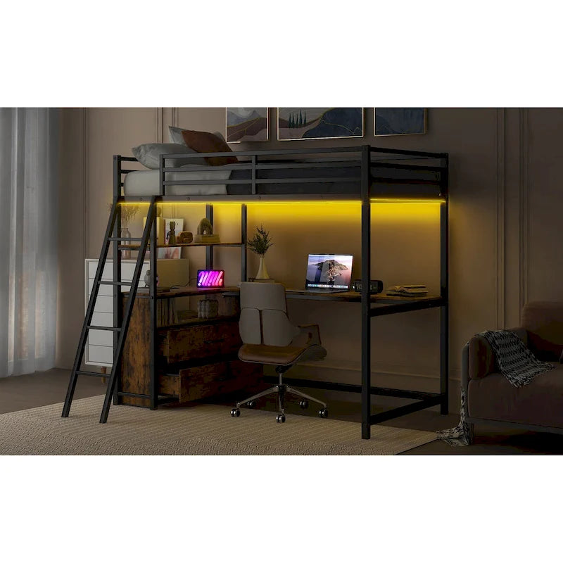 Lit mezzanine jumeau noir avec bureau, tiroirs et lumière LED, 1 personne