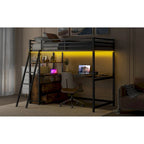 Lit mezzanine jumeau noir avec bureau, tiroirs et lumière LED, 1 personne