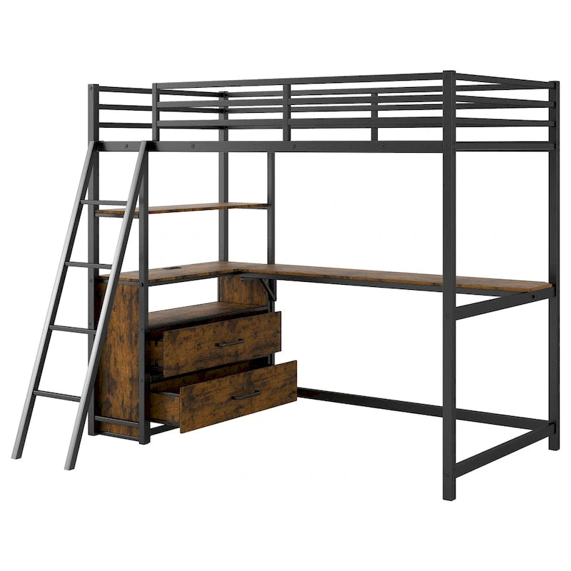 Lit mezzanine jumeau noir avec bureau, tiroirs et lumière LED, 1 personne