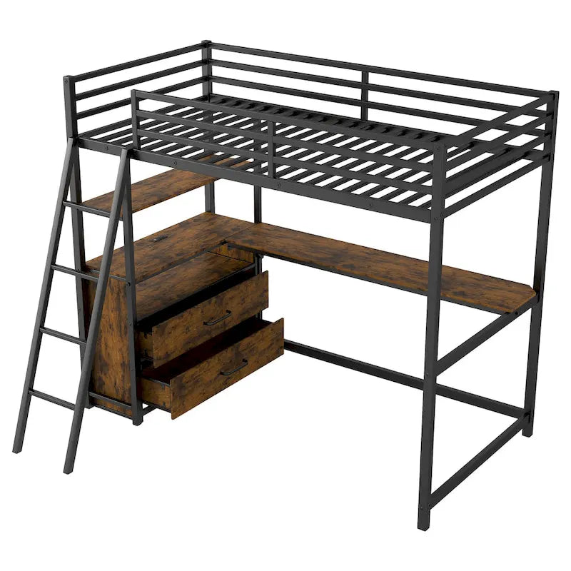 Lit mezzanine jumeau noir avec bureau, tiroirs et lumière LED, 1 personne