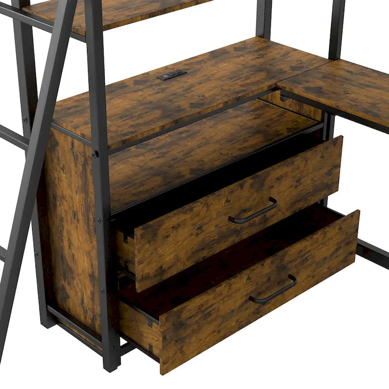 Lit mezzanine jumeau noir avec bureau, tiroirs et lumière LED, 1 personne