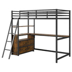 Lit mezzanine jumeau noir avec bureau, tiroirs et lumière LED, 1 personne