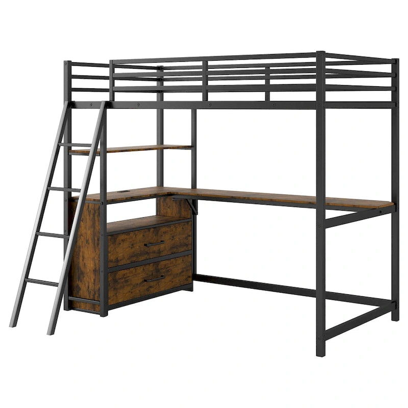 Lit mezzanine jumeau noir avec bureau, tiroirs et lumière LED, 1 personne