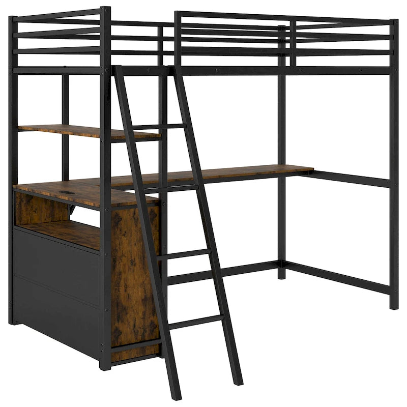 Lit mezzanine jumeau noir avec bureau, tiroirs et lumière LED, 1 personne
