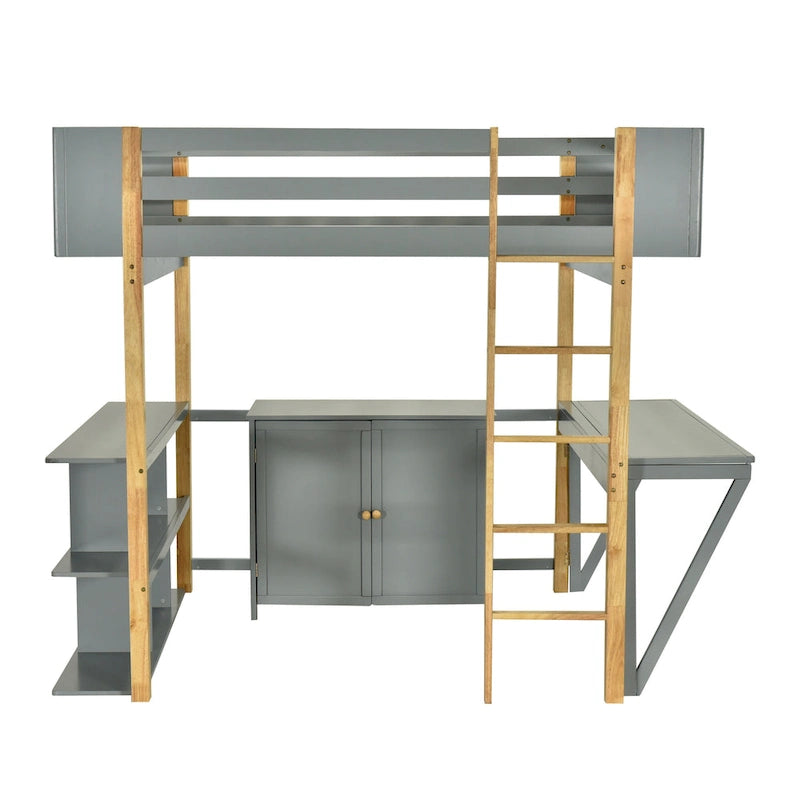 Gray Twin Size Solid Wood Loft Bed with Storage Cabinet & Desk