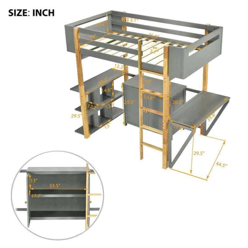 Lit mezzanine jumeau gris avec armoire de rangement et bureau, pour 1