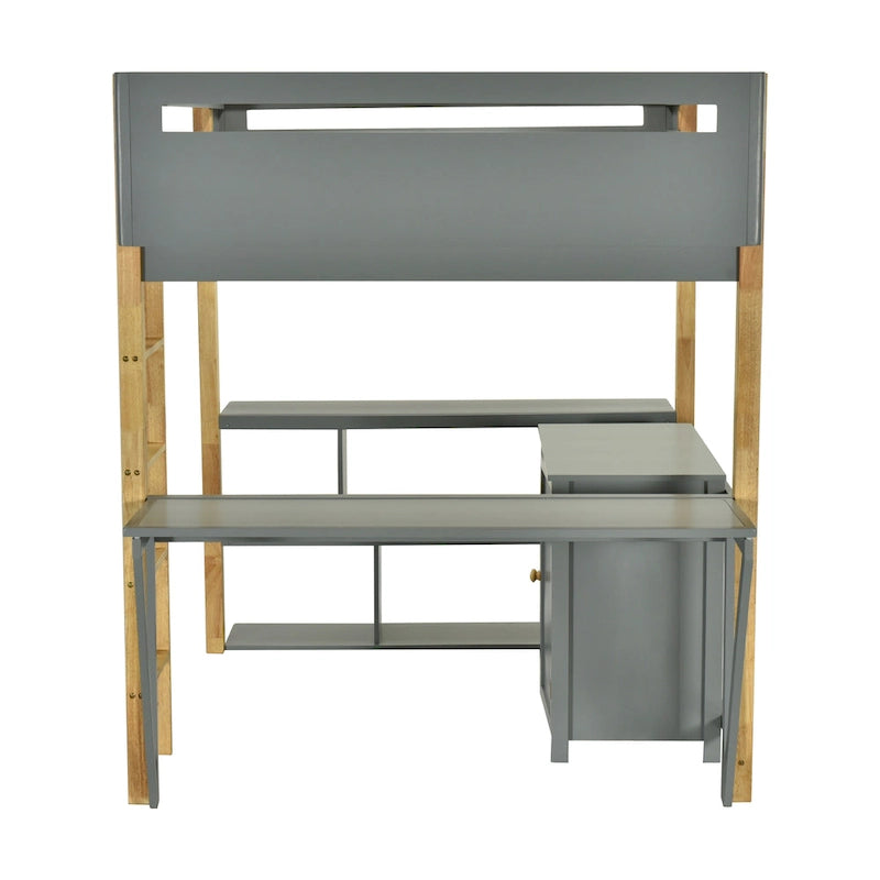Lit mezzanine jumeau gris avec armoire de rangement et bureau, pour 1