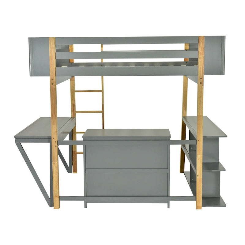 Lit mezzanine jumeau gris avec armoire de rangement et bureau, pour 1