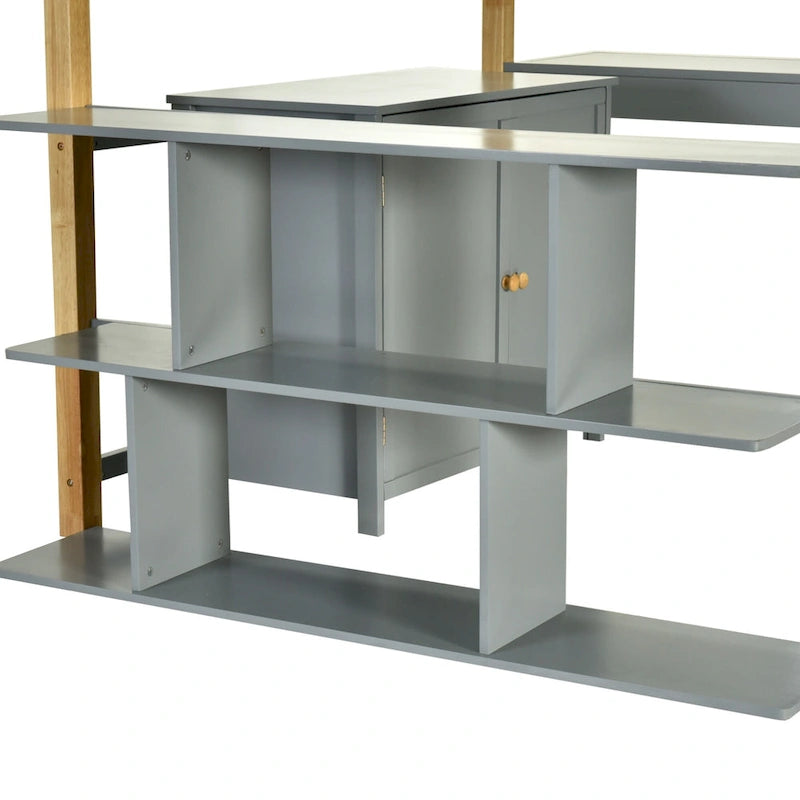 Lit mezzanine jumeau gris avec armoire de rangement et bureau, pour 1