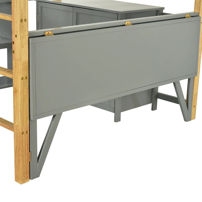 Lit mezzanine jumeau gris avec armoire de rangement et bureau, pour 1
