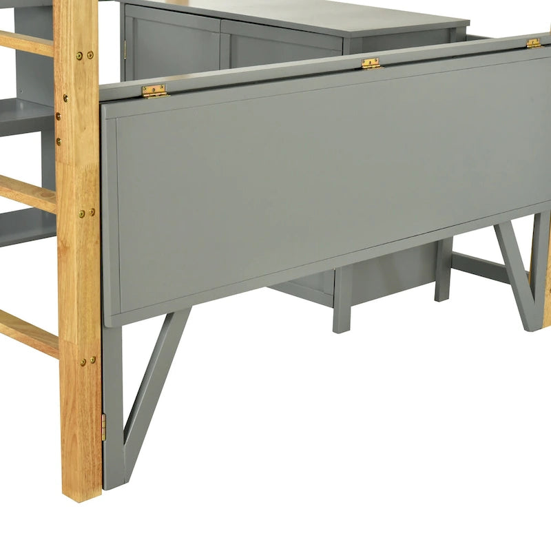Lit mezzanine jumeau gris avec armoire de rangement et bureau, pour 1