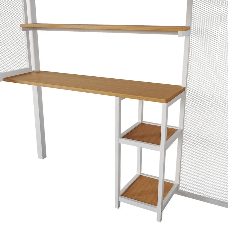Lit mezzanine en métal blanc taille normale avec armoire, bureau et rangements — 1 personne
