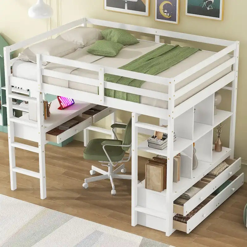 Lit mezzanine simple blanc avec bureau et tiroirs, en pin