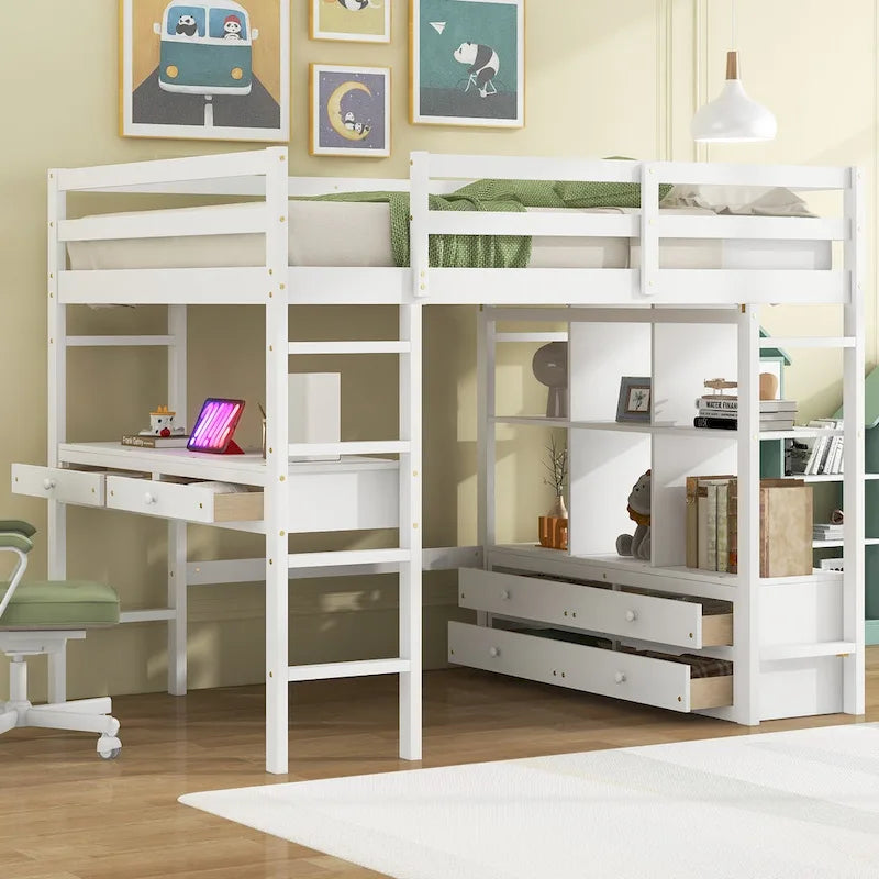 Lit mezzanine simple blanc avec bureau et tiroirs, en pin