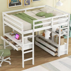 Lit mezzanine simple blanc avec bureau et tiroirs, en pin