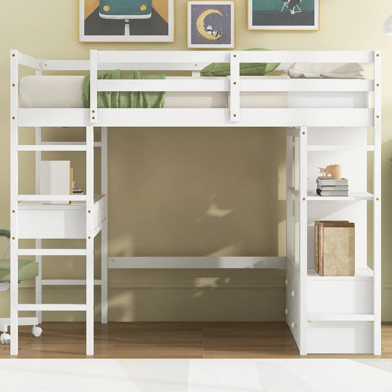 Lit mezzanine simple blanc avec bureau et tiroirs, en pin