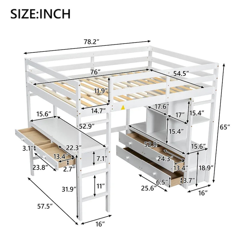 Lit mezzanine simple blanc avec bureau et tiroirs, en pin