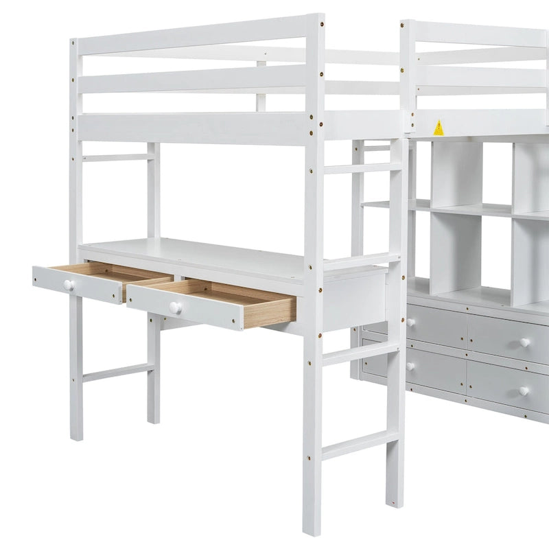 Lit mezzanine simple blanc avec bureau et tiroirs, en pin
