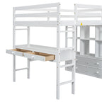 Lit mezzanine simple blanc avec bureau et tiroirs, en pin