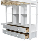 Lit mezzanine simple blanc avec bureau et tiroirs, en pin