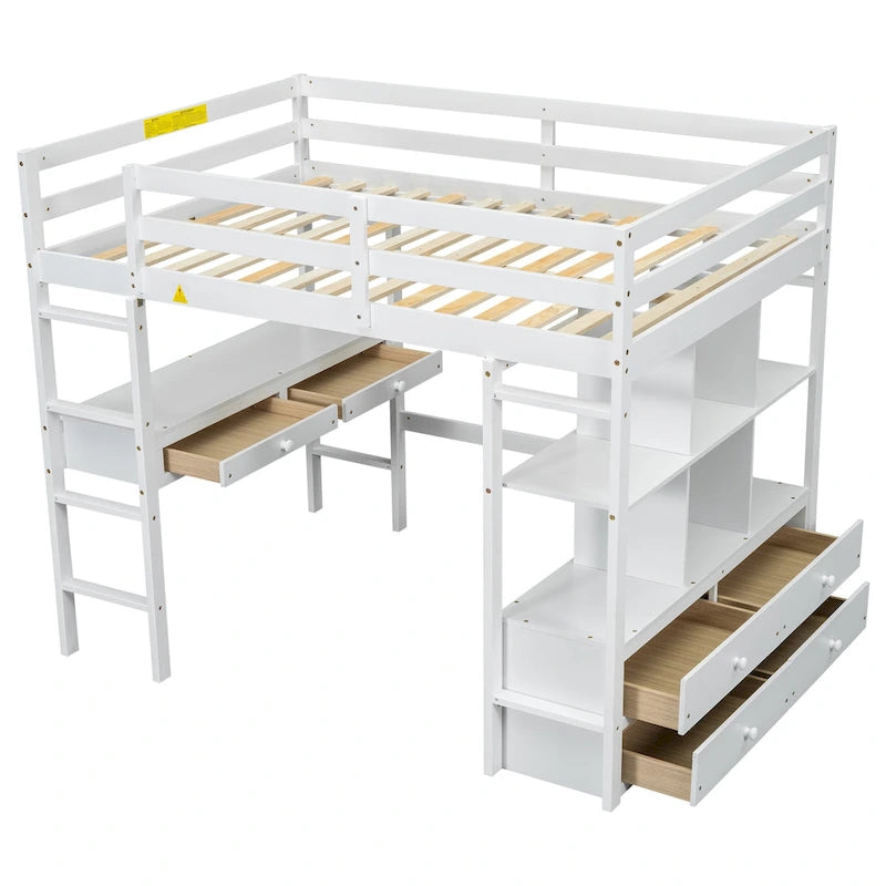 Lit mezzanine simple blanc avec bureau et tiroirs, en pin