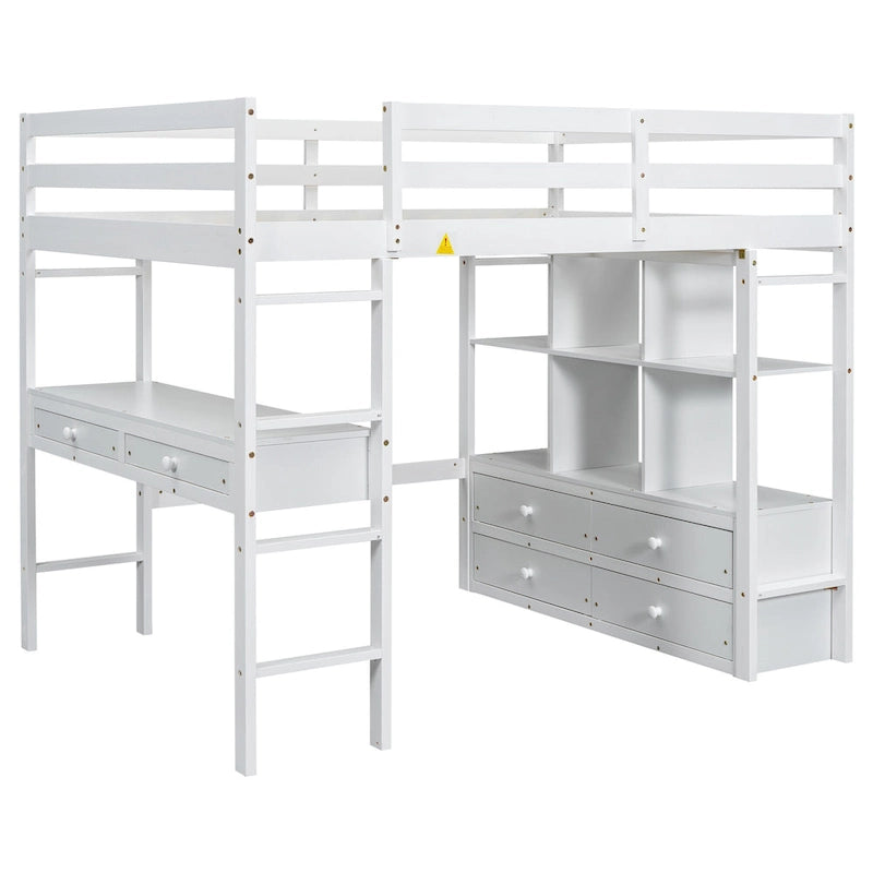 Lit mezzanine simple blanc avec bureau et tiroirs, en pin