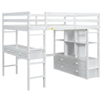 Lit mezzanine simple blanc avec bureau et tiroirs, en pin
