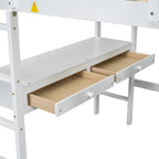 Lit mezzanine simple blanc avec bureau et tiroirs, en pin